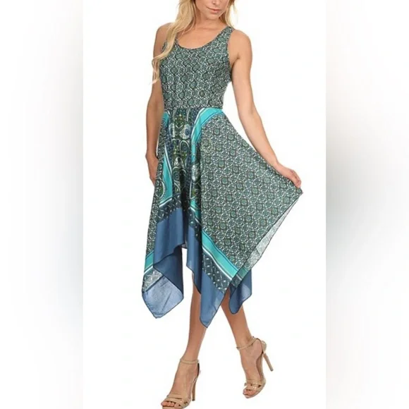 Nordstrom A-List Teal Green Blue Paisley Handkerchief Sleeveless Scoopneck Dress - Picture 10 of 10